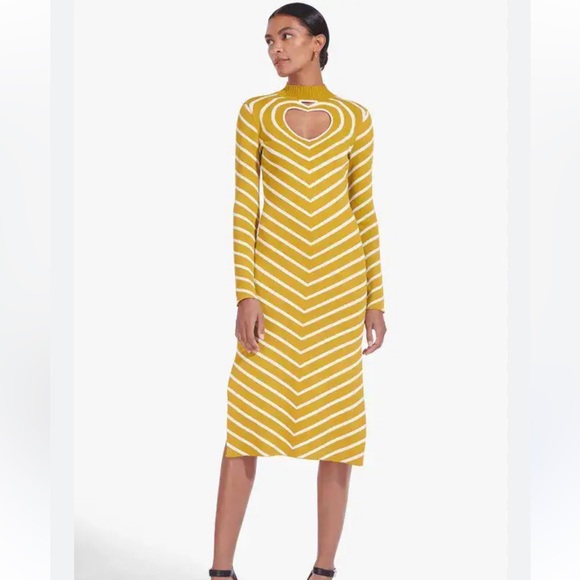 NWT Staud Long Sleeve Castle Midi Dress Chartreuse Chevron Small Heart Cutout - Picture 1 of 10